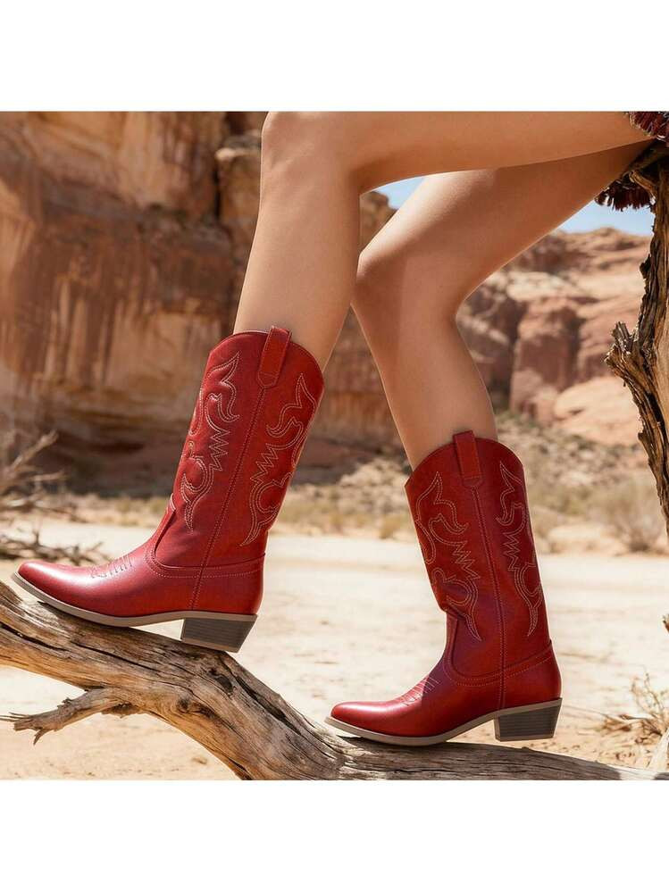 Lunryet Lurnyet Cowboy Boots For Women Cowgirl Western Boots Fashion Embroidery Stitched Chunky Heel Mid Calf Boots WACOW-2 | SHEIN
