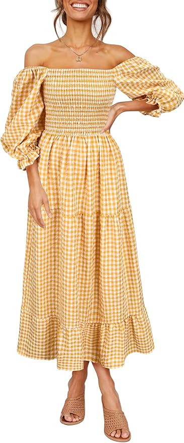 UIMLK Women's Boho Flowy Cottagecore Puff Sleeve Off The Shoulder Summer Casual Plaid Ruffle Midi... | Amazon (US)