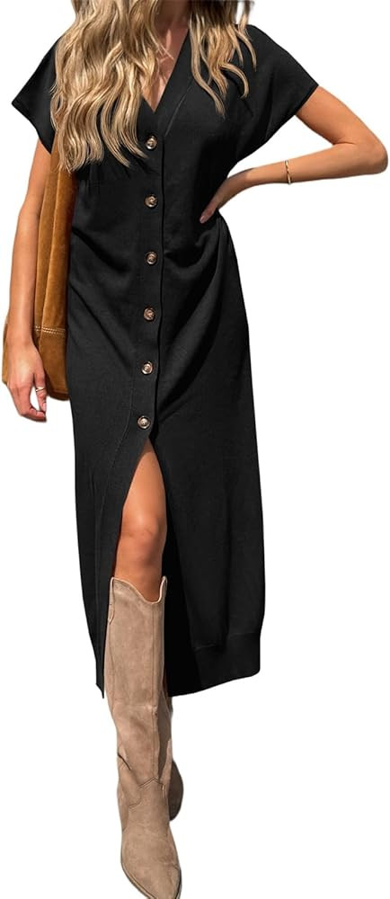 Saodimallsu Womens Long Cardigans Lightweight Short Sleeve Button V Neck Loose Knit Casual Summer... | Amazon (US)