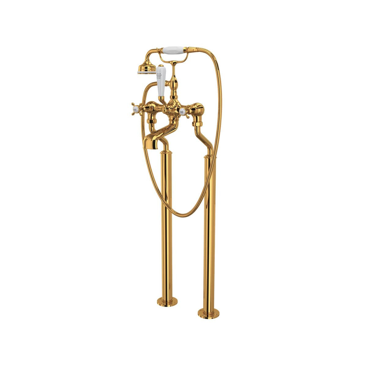 Rohl Rohl Edwardian Exposed Floor Mount Tub Filler with Handshower - Unlacquered Brass with Cross Handle | U.3521X/1-ULB | Lowe's