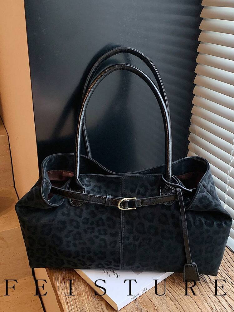 1pc Leopard Print Large Capacity Tote Bag, Fashion Strap Decor Shoulder Bag, Magnetic Closure, Suitable For Daily Outing, Dating, Commuting | SHEIN