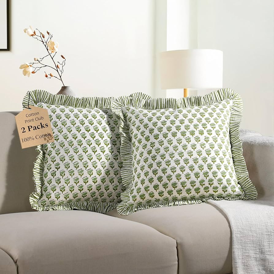 CPC Emerald Green Ruffle Throw Pillow Covers for Couch, 18x18 Inch Cotton Stripe Ruffle Couch Pil... | Amazon (US)
