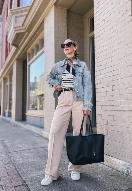 Classic spring style, denim jacket, beige wide leg trousers, white sneakers, Gucci silk scarf, YSL tote 

#LTKunder50 #LTKstyletip #LTKitbag