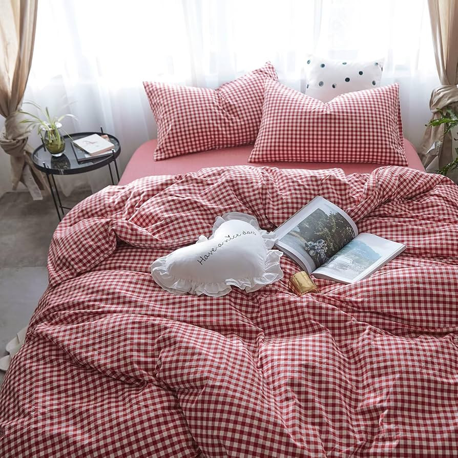 mixinni Red Gingham Comforter Set Twin XL, Plaid Comforter Set 3 Pieces 1 Red Grid Comfoter with ... | Amazon (US)