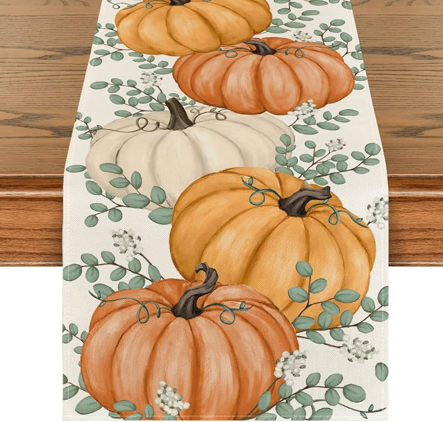 Artoid Mode Orange Pumpkins Eucalyptus Leaves Fall Table Runner, Autumn Thanksgiving Kitchen Dini... | Amazon (US)