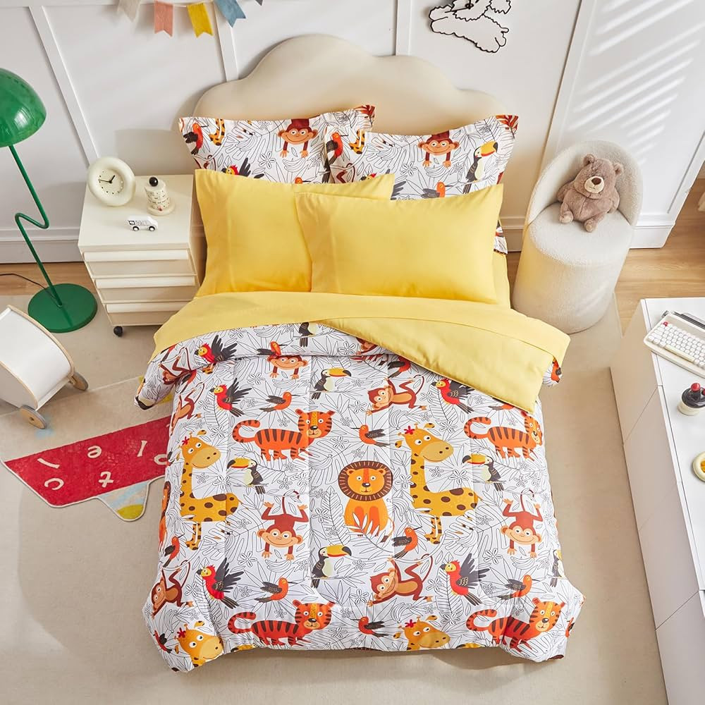 Kids Bed in a Bag Queen Size Orange Jungle Animals Comforter Set with Lions Tigers - Soft 7 Pcs B... | Amazon (US)