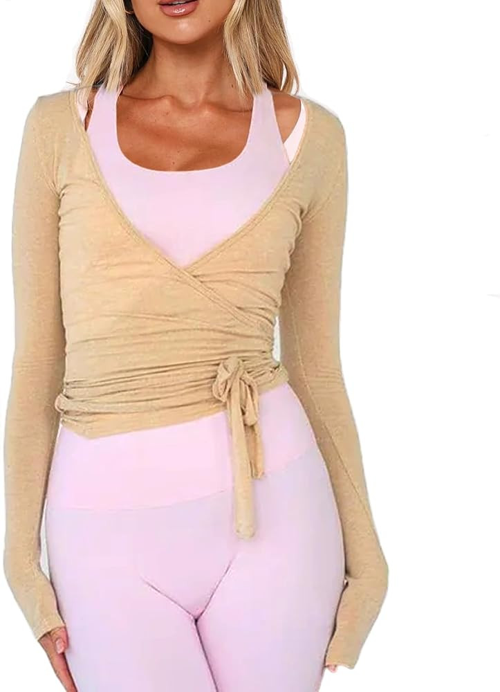 Women Wrap Tie Top Y2k Long Sleeve Ballet Workout Yoga Shirt Coquette Blouses | Amazon (US)