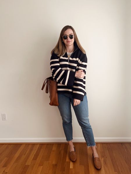 Striped half zip sweater with loafers. Classic, minimal look. 