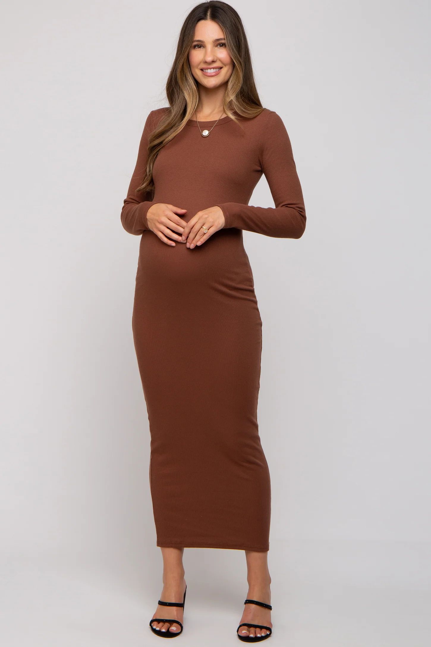 Brown Ribbed Fitted Long Sleeve Maternity Midi Dress | PinkBlush Maternity