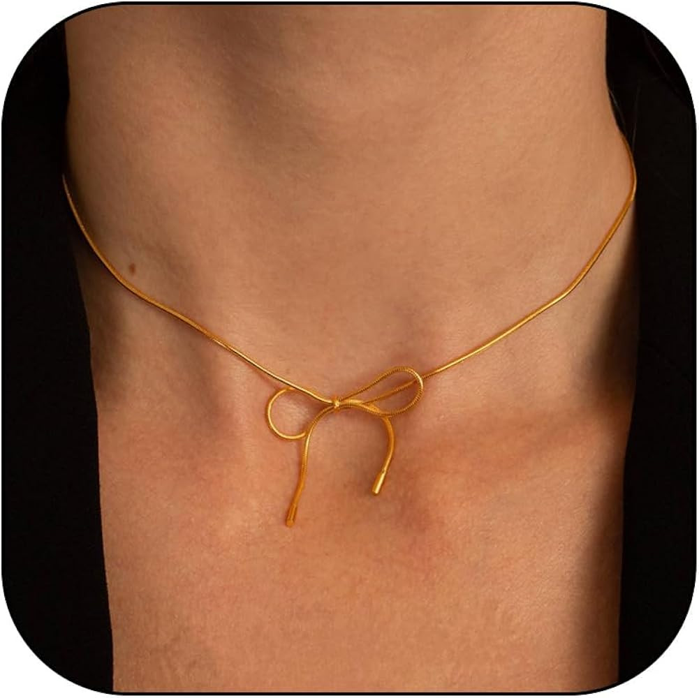 Bow Necklace Gold Charm Necklace Cute Bow Choker Pendant Necklace Gold Necklace for Women Bow Jew... | Amazon (US)