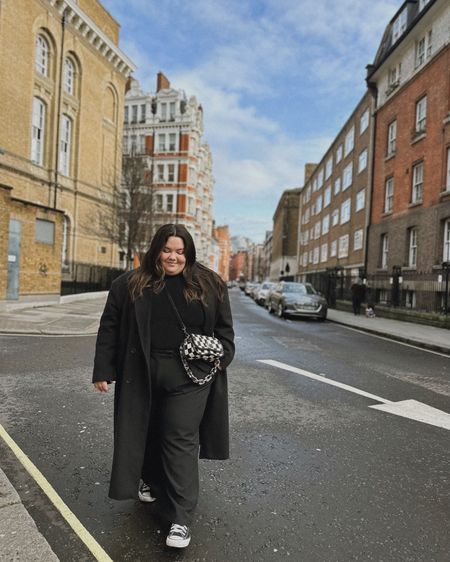 Plus size outfit I’m wearing in London 
Wearing a size 14 in this oversized double breasted coat from boohoo 
A size 2X in these Amazon trousers 
And a size XL in this bodysuit 

#LTKmidsize #LTKtravel #LTKplussize