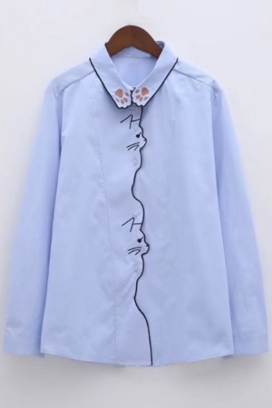 Cat Pattern Embroidered Lapel Collar Long Sleeve Buttons Down Shirt | Beautifulhalo.com