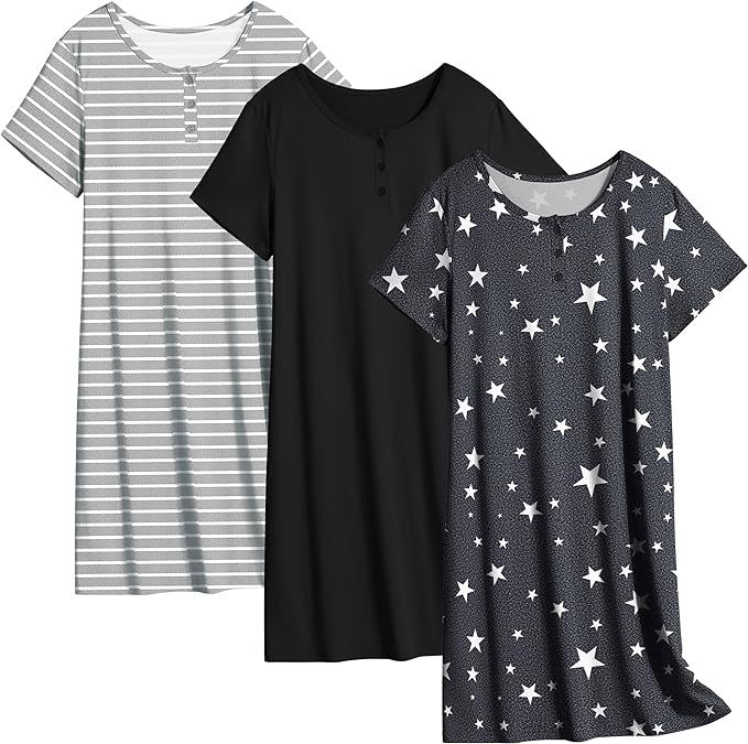 Ekouaer 3 Pack Nightgowns for Women Sleepwear Short Sleeve Sleep Shirts Tee Plain/Print Nightshir... | Amazon (US)