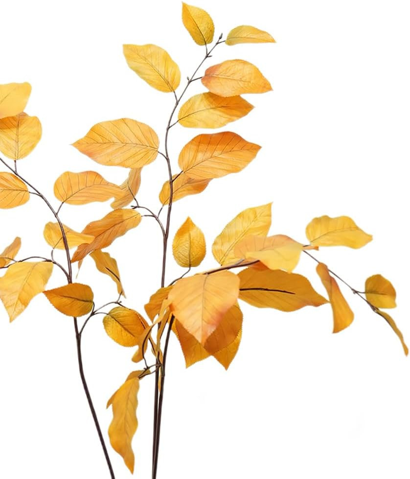 Artificial Autumn Leaves - 30-Inch Red Beech Leaves with 15 Leaves per Stem, 3 PCS Red Leaf- Perfect for Fall Decor, Wreath Accents, and Bouquets (Yellow) | Amazon (US)
