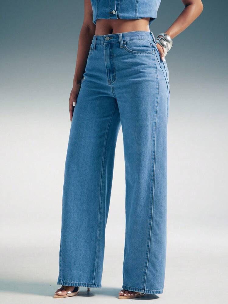 Denimoi Pantalón Ancho De Pierna Amplia, De Tiro Bajo Y Ajuste Relajado | SHEIN