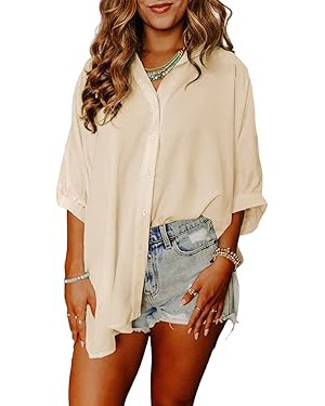Sidefeel Womens Summer Oversized 3/4 Sleeve Button Down Shirts Side Slit Dressy Casual Blouses Lo... | Amazon (US)
