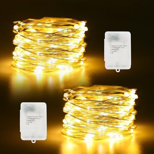 Timer Fairy Lights Battery Operated 2 Pack 16.4Ft 50 LEDs Silver Copper Wire Twinkle String Lights with Timer 5 Lighting Modes for Christmas Bedroom Wedding Parties Holiday Decorations (Warm White) | Amazon (US)