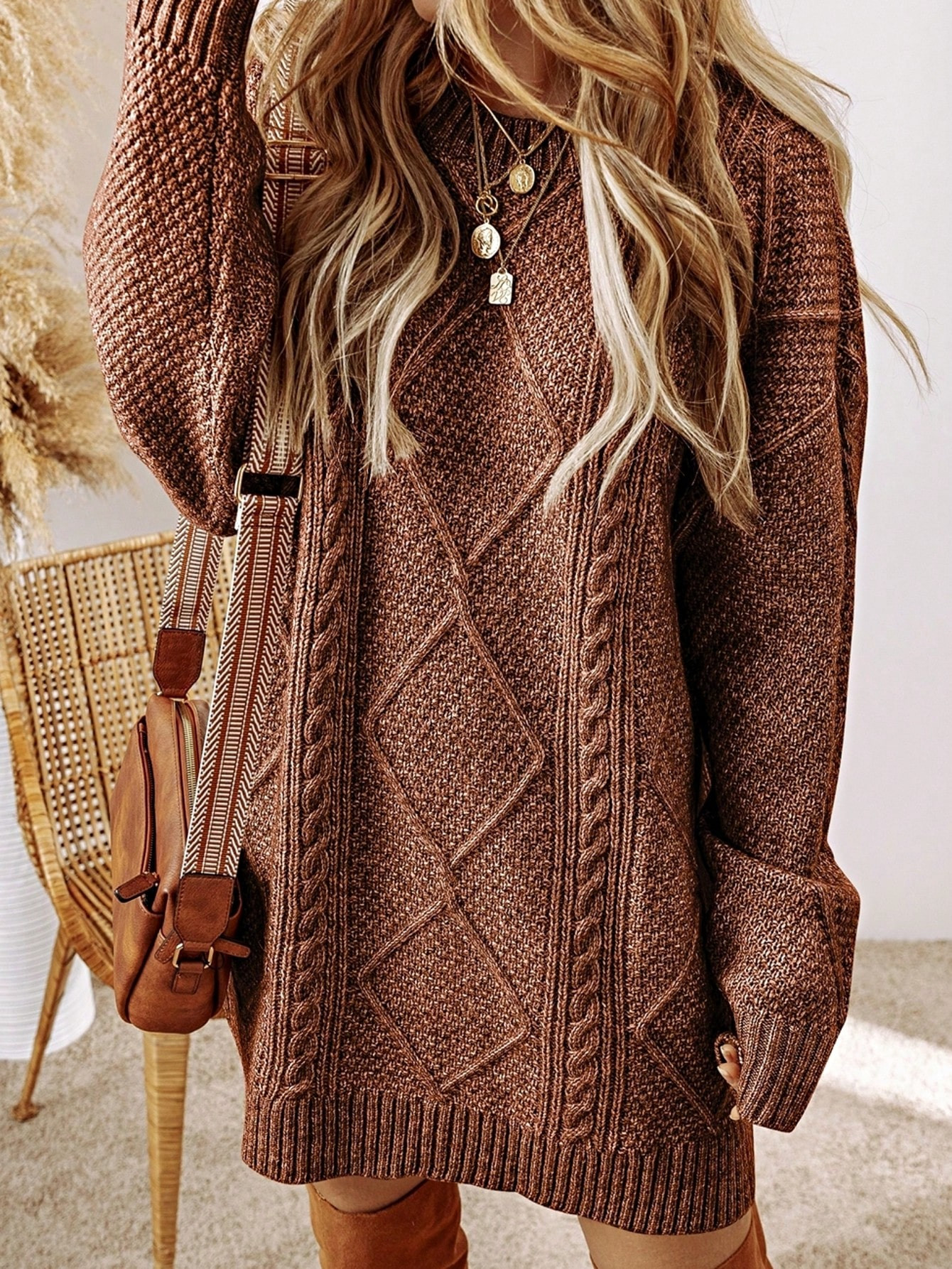 Boho Vacation 90's Cozy Fall/Winter Cable Knit Drop Shoulder Loose Fit Sweater Dress | SHEIN