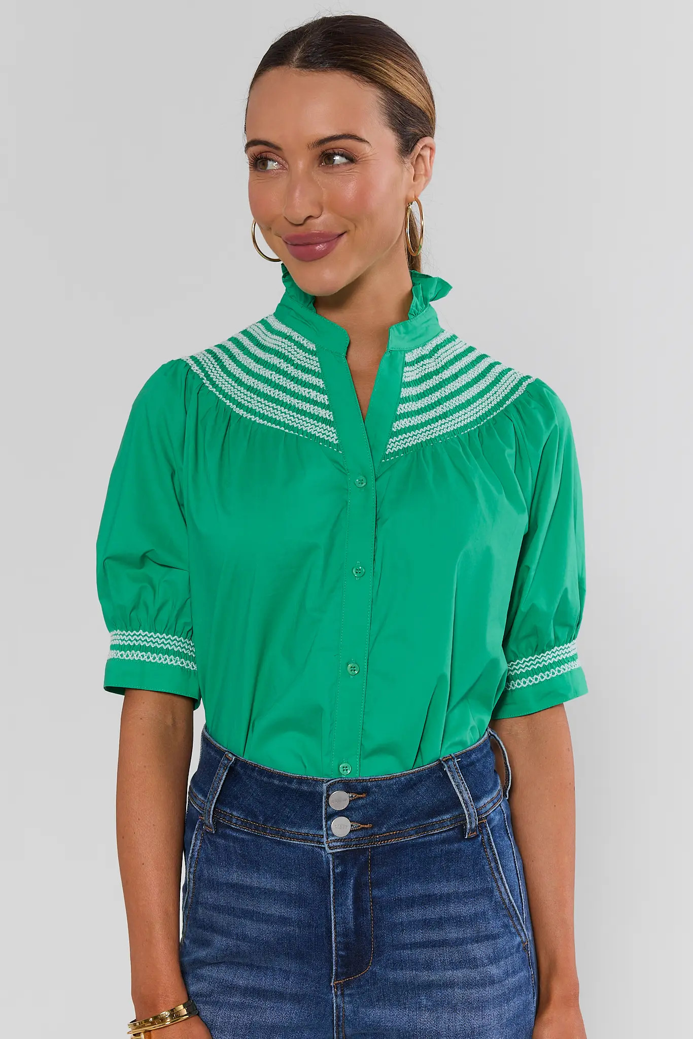 Yvonne Green and White Embroidered Top | Avara