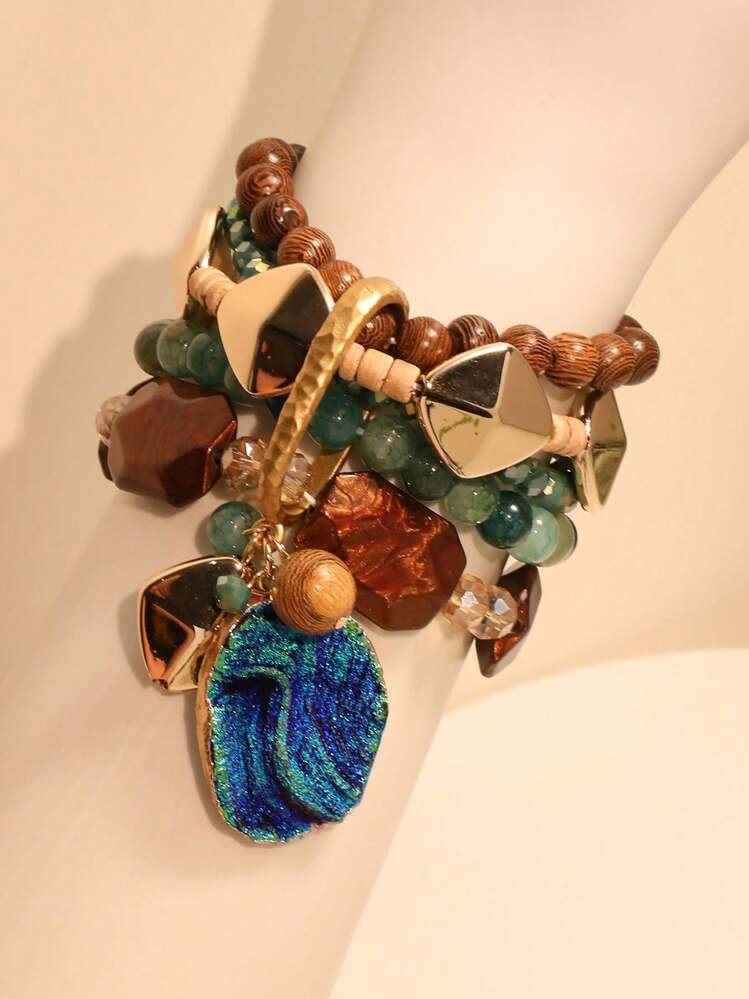 1pc Multi-Layer Beaded Bracelet With Random Stone & Wooden Bohemian Style, Suitable For Women Evening Party, Holiday, Beach, Everyday Wear | SHEIN