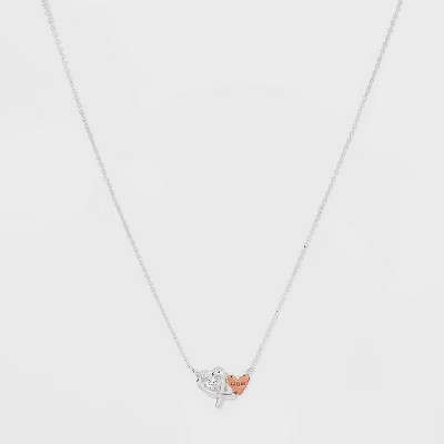 Silver Plated 'Mom' Double Heart Two-Tone Metal Cubic Zirconia Station Necklace - Rose Gold | Target