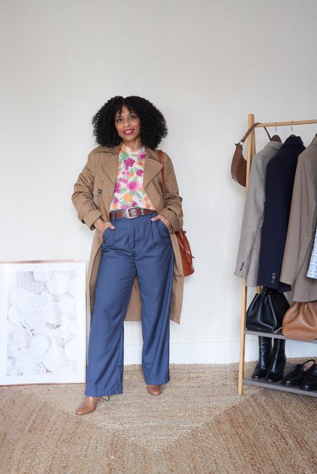 Petite transitional outfit consisting of high-waisted wide trousers, floral Sezane jumper and a brown trench coat. 

petite fashion, petite style 

#LTKSeasonal #LTKstyletip #LTKeurope