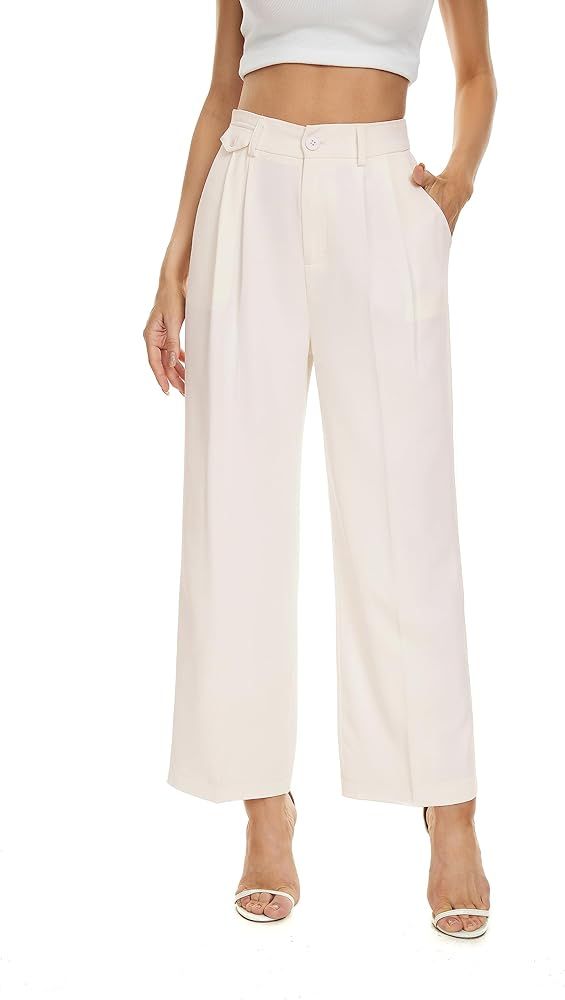 FUNYYZO Women Loose Pleated Front Cropped Pants Wide Leg Straight Trousers | Amazon (US)