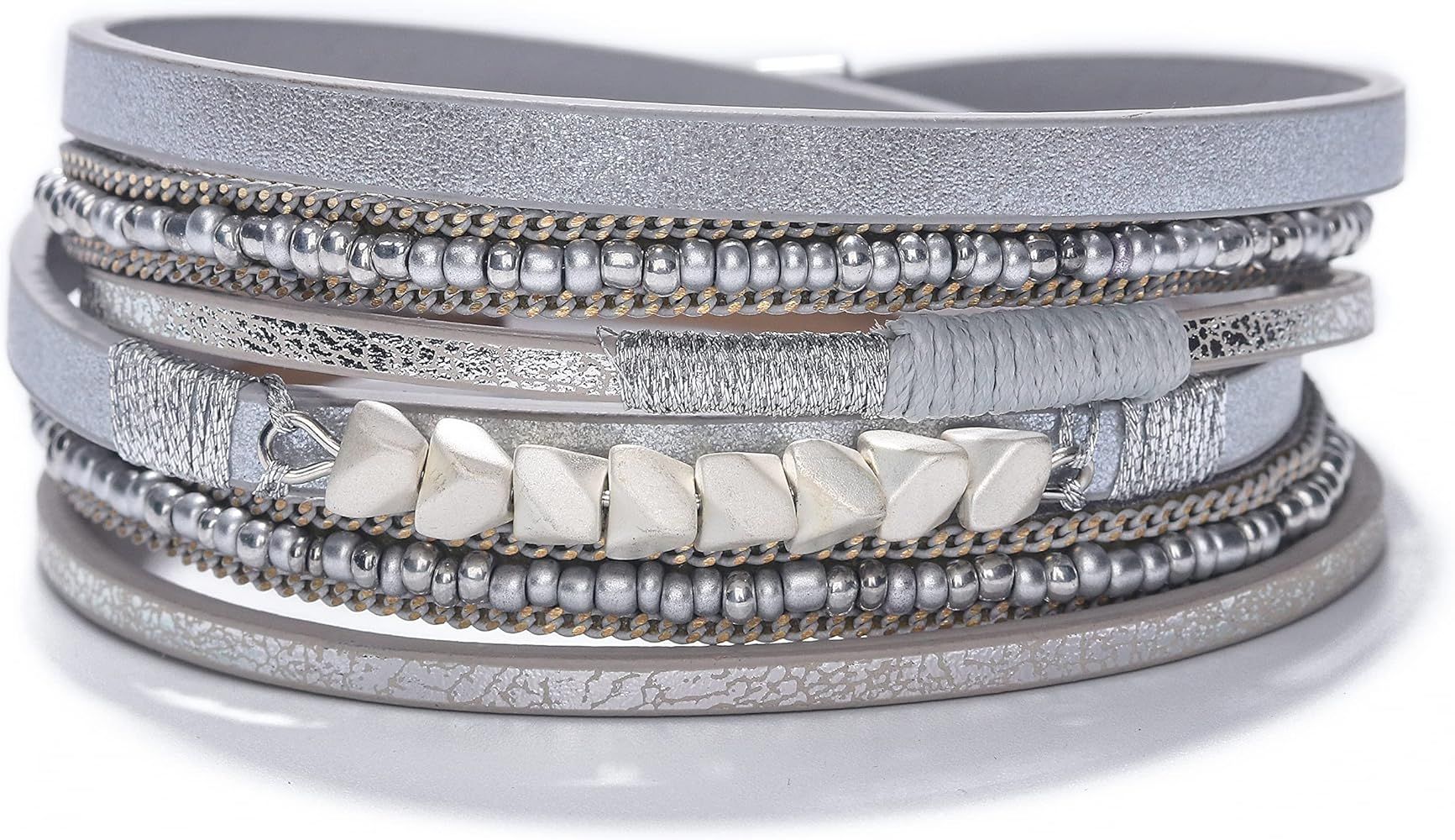 Amazon.com: Fesciory Leather Wrap Bracelets for Women, Boho Leopard Multi-Layer Crystal Beads Cuf... | Amazon (US)
