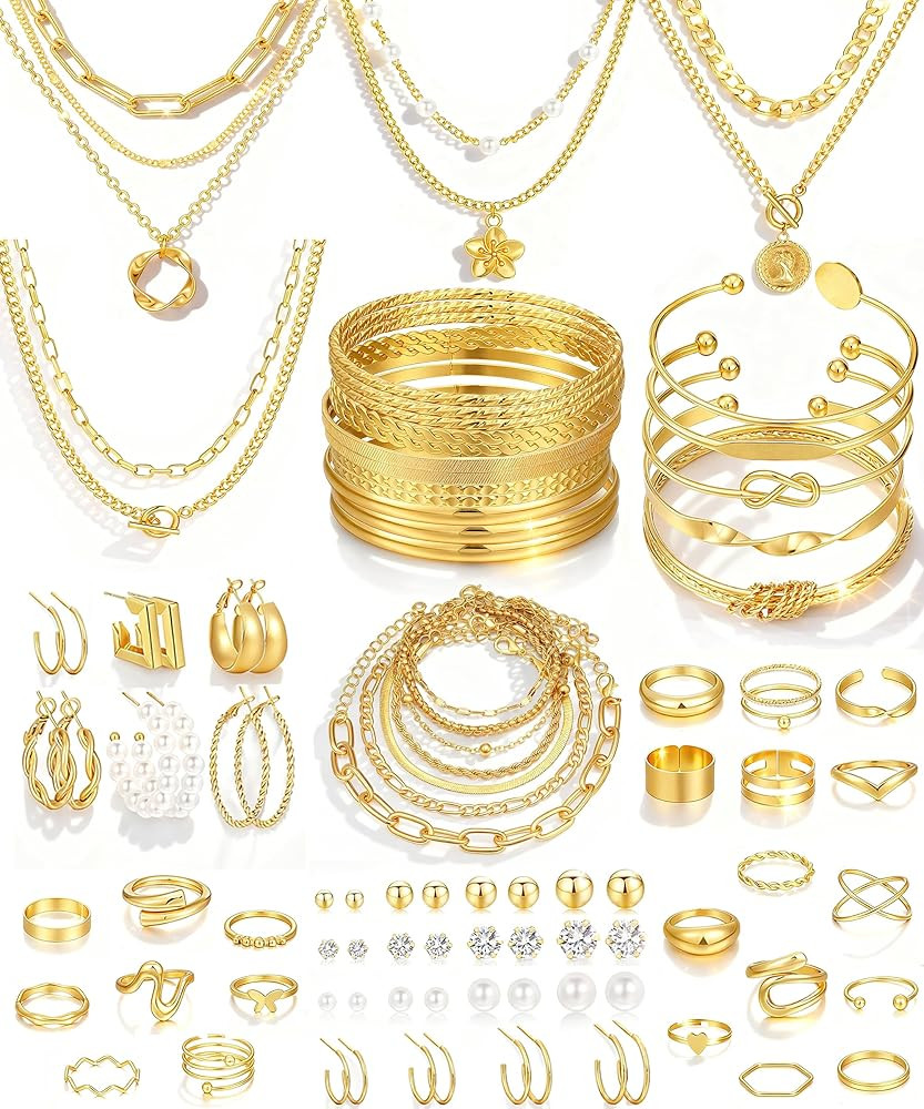 17 MILE 78 Pieces Gold Jewelry Set for Women, 9 Necklace, 24 Bracelet, 22 Earrings, 23 Knuckle Ri... | Amazon (US)