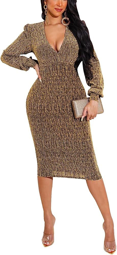 Fall Dress Elegant Sequin Midi Prom Dress for Women with Long Sleeve Bodycon Evening Club Party D... | Amazon (US)