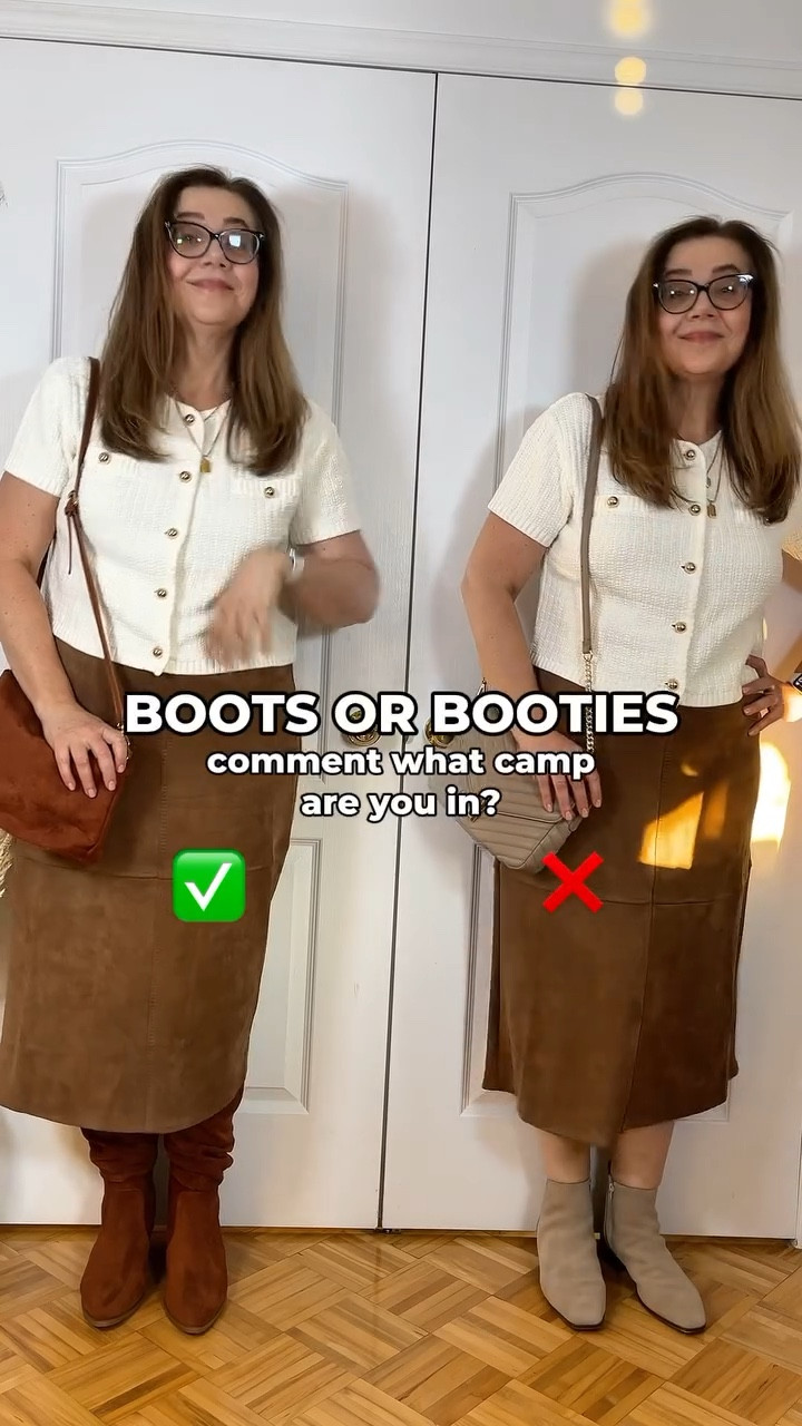 Boots or booties? Which camp are you in? 

A friendly advice on how to wear them and look trendy. Wear knee high boots with skirts of any length. Don’t wear booties with skirts unless they are chunky army booties. Wear booties with pants or boots if you prefer.

You can also try booties with socks showing up and leggings if your shape allows :)

Hope this helps! Follow for more tips and ideas on style and beauty for women over 40. 

#stylemyoctobercloset
#fallfashion
#fallboots
#styletips

#LTKstyletip #LTKautumn