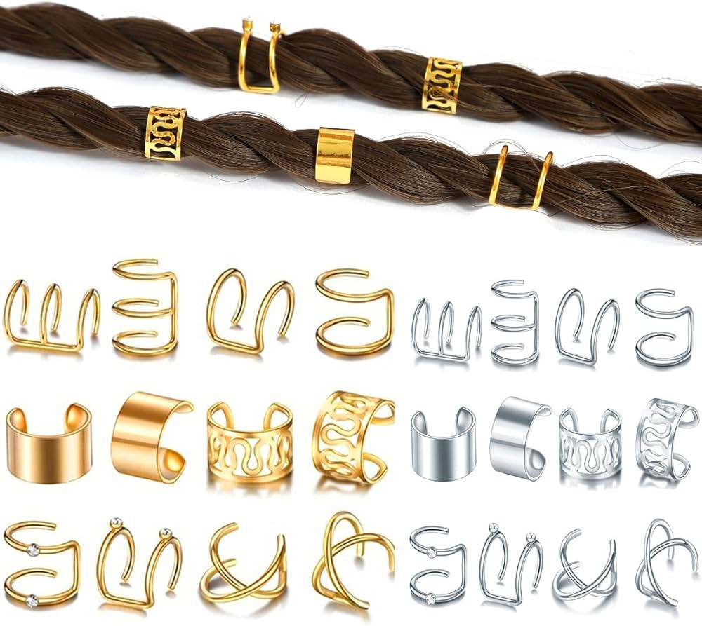 24 Pcs Gold Silver Hair Braids Dreadlock Non-Piercing Ear Clip Beard Beads Cuffs Clip Hair for Wo... | Amazon (US)
