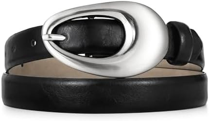 Black Belt Women Synthetic Leather Waist Belt with Shiny Silver Oval Buckle for Women Casual Form... | Amazon (US)