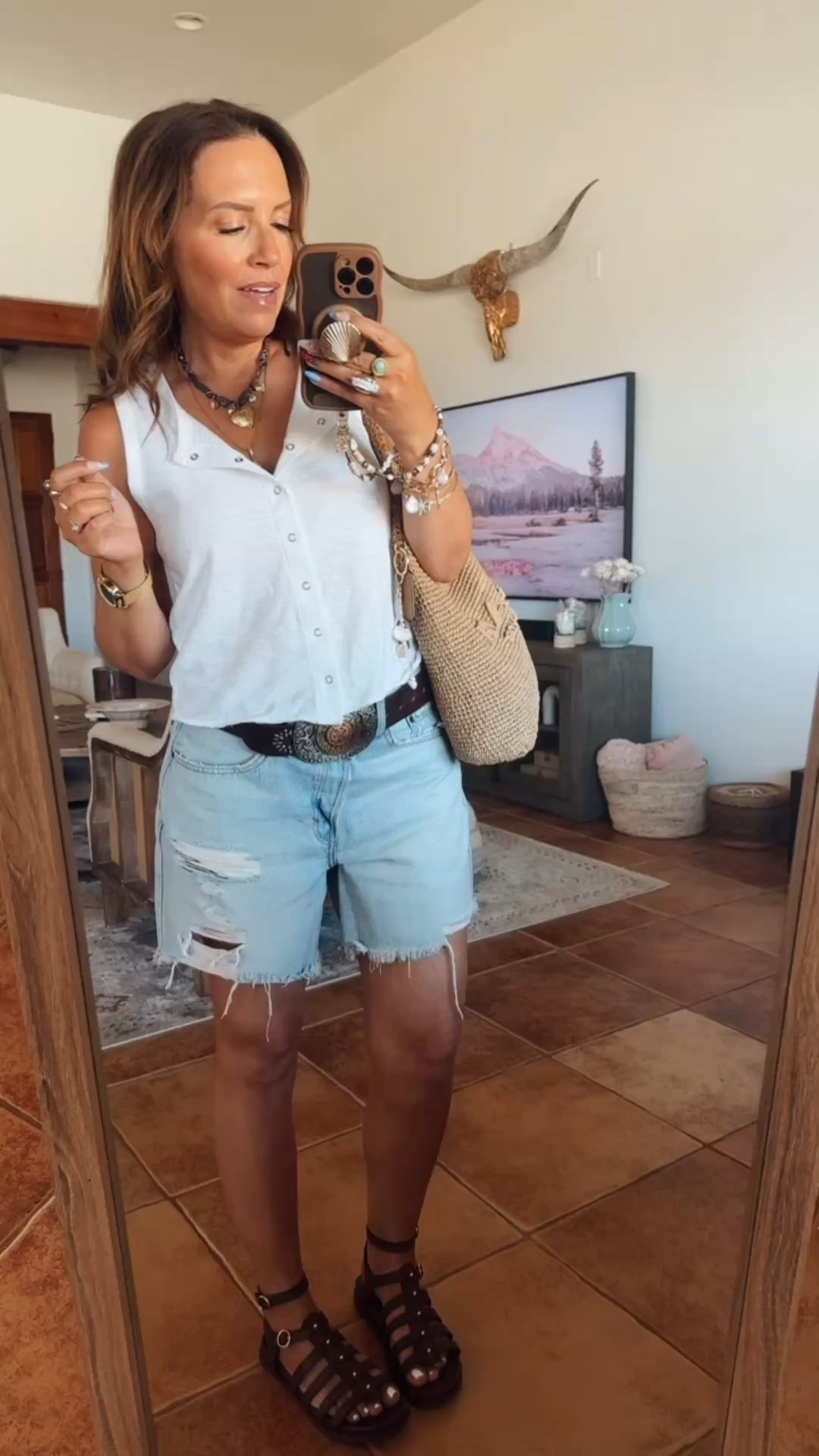 Casual boho summer outfit idea! 
S in top//6 in shorts//sized up .5 in sandals.

#LTKgrwm #LTKootd #LTKOver40