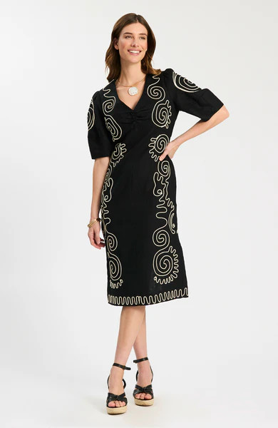 Posey Linen Embroidered Midi Dress - Black White | tyler boe