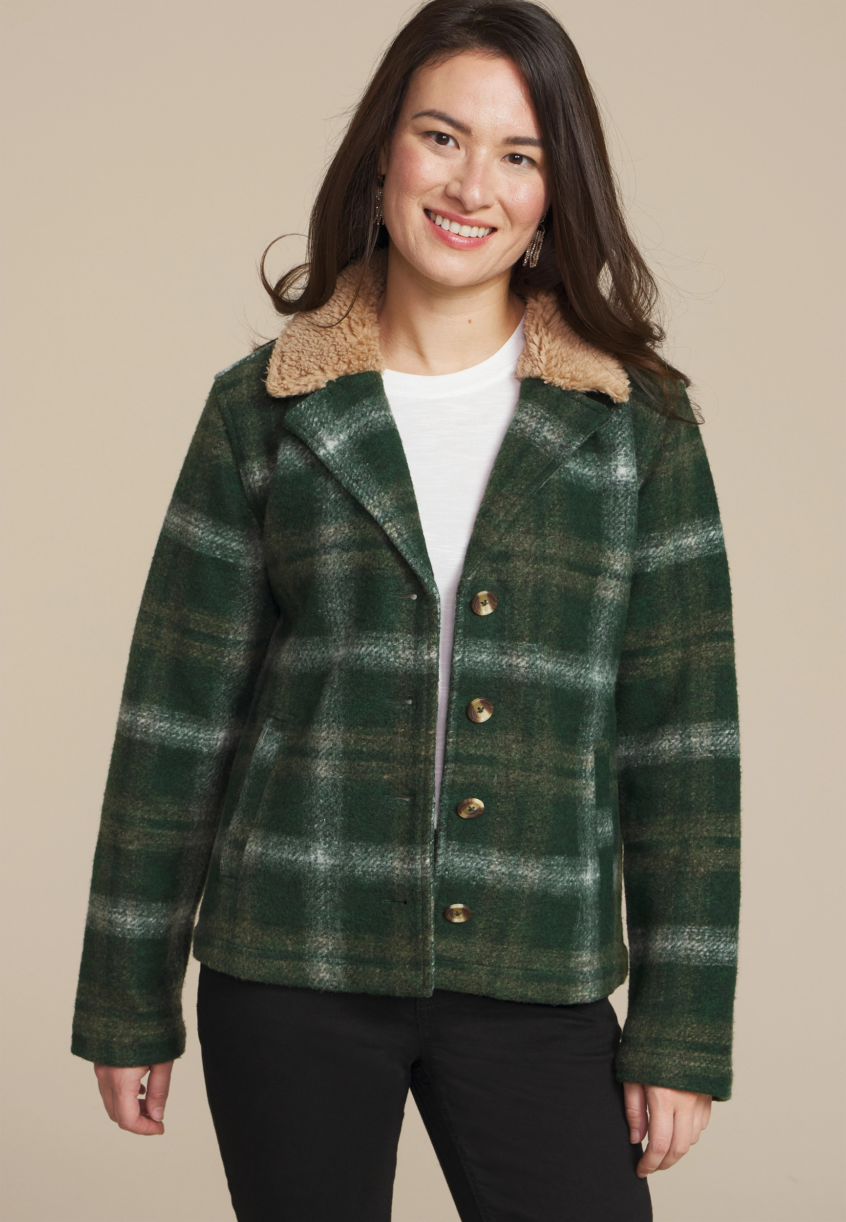 Maurices Women's Green Plaid Sherpa Collar Jacket | Maurices