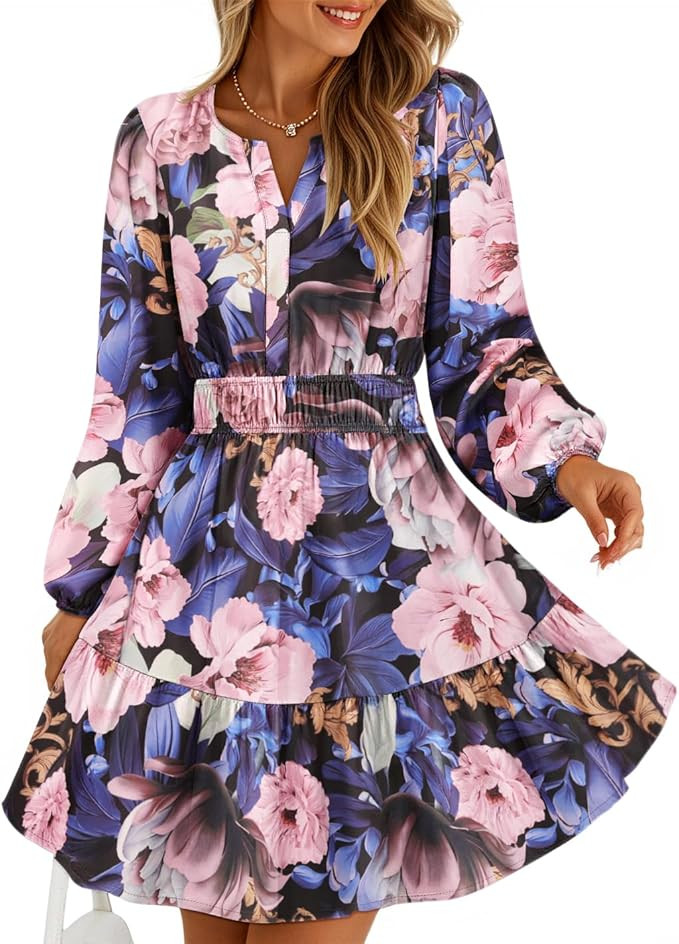 ZESICA Fall Long Sleeve Floral Dress for Women 2025 Casual V Neck Smocked A Line Flowy Boho Mini ... | Amazon (US)