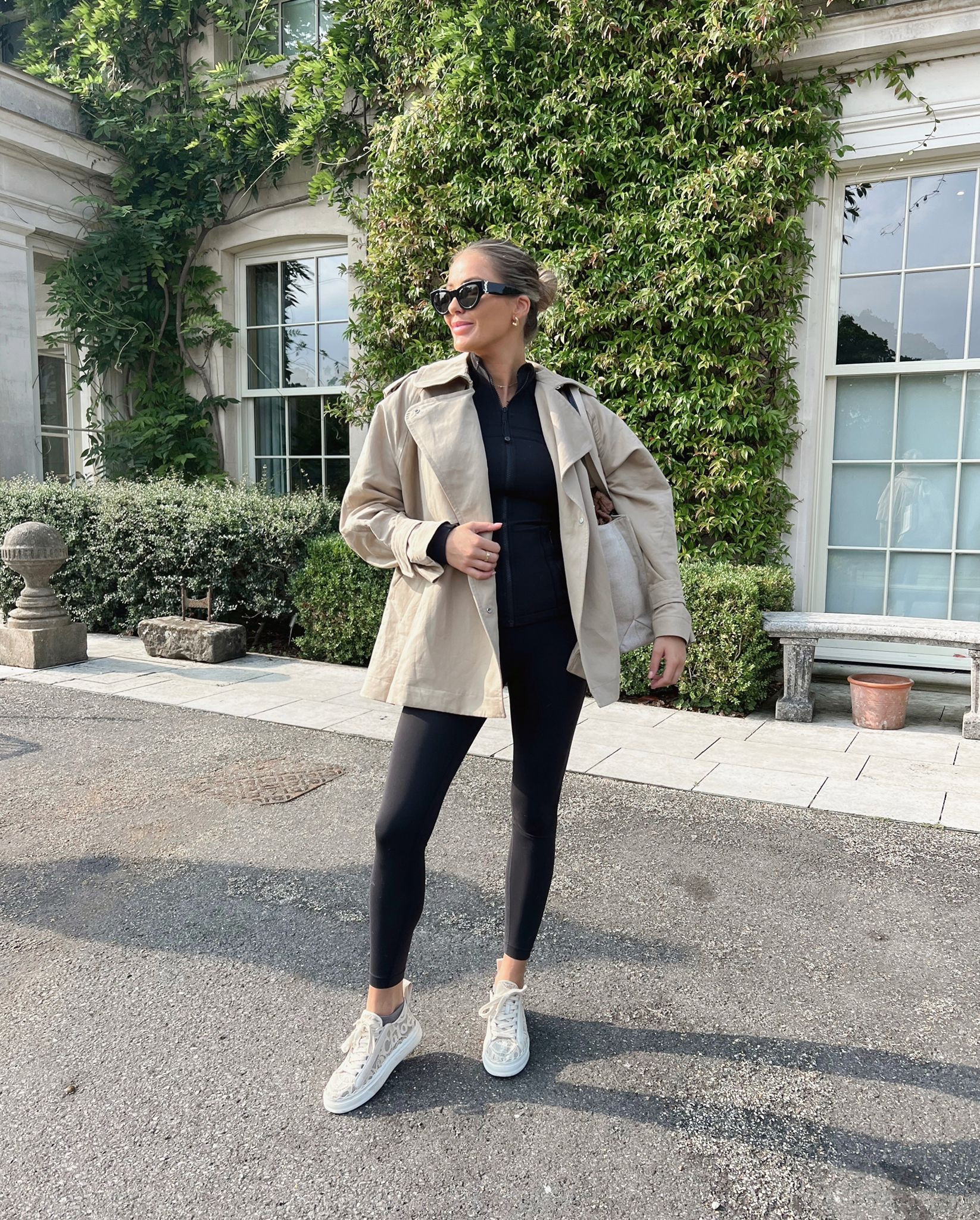 Spa day OOTD - arket beige short trench coat, chloe Lauren cream lace trainers, lululemon align leggings, lululemon define jacket, chloe woody tote bag, Astrid & miyu gold twist earrings & YSL sunglasses. A perfect transitional look!

#LTKitbag #LTKSeasonal #LTKstyletip