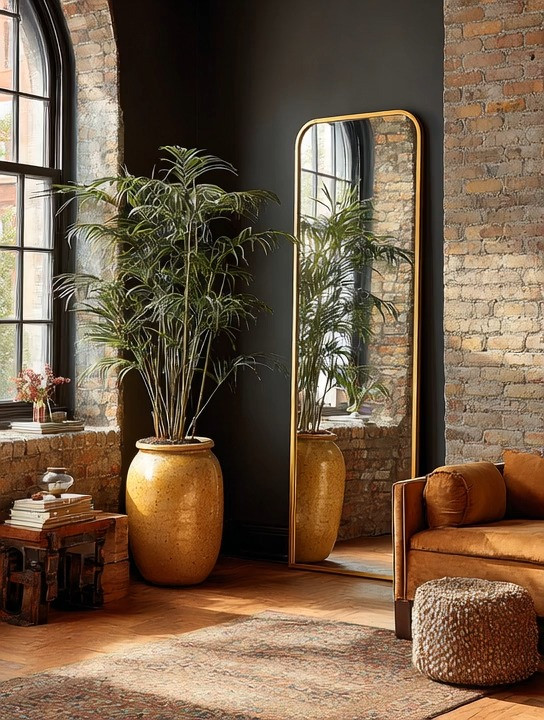Some corners quietly change the entire energy of a home.

Not because they are filled with expensive decor or too many pieces, but because every element feels intentional and balanced.

This is one of those corners.

A tall gold frame floor mirror instantly adds elegance while reflecting light and making the room feel larger and brighter. Pair that with an oversized indoor tree in a grounded natural planter, and suddenly the space feels alive, calming, and luxurious at the same time.

The warmth of the brown tones, natural textures, brick walls, and soft lighting creates that beautiful modern Tuscany-inspired feeling that so many homes are moving toward. Warm minimalism. Organic luxury. Cozy sophistication.

And honestly, once you add a full-length mirror like this to your home, it becomes one of those pieces you cannot imagine living without. For outfit checks, styling, selfies, reflecting natural light, or simply making a room feel complete, it transforms the atmosphere instantly.

In this edit, we included elegant gold frame mirrors, oversized indoor trees, textured poufs, and grounding decor pieces to help you create this warm and elevated look at home.

#HomeDecor #WarmInteriors #LuxuryHome 

 #LTKHome