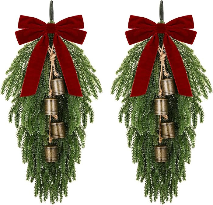 2 Pack Christmas Teardrop Swags 23.6 Artificial Norfolk Pine Greenery with Red Velvet Bow and Rus... | Amazon (US)