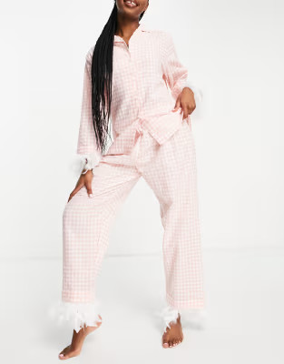 Night gingham long pajama set with detachable feather trims in white and pink | ASOS (Global)