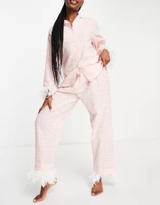 Night gingham long pajama set with detachable feather trims in white and pink | ASOS (Global)