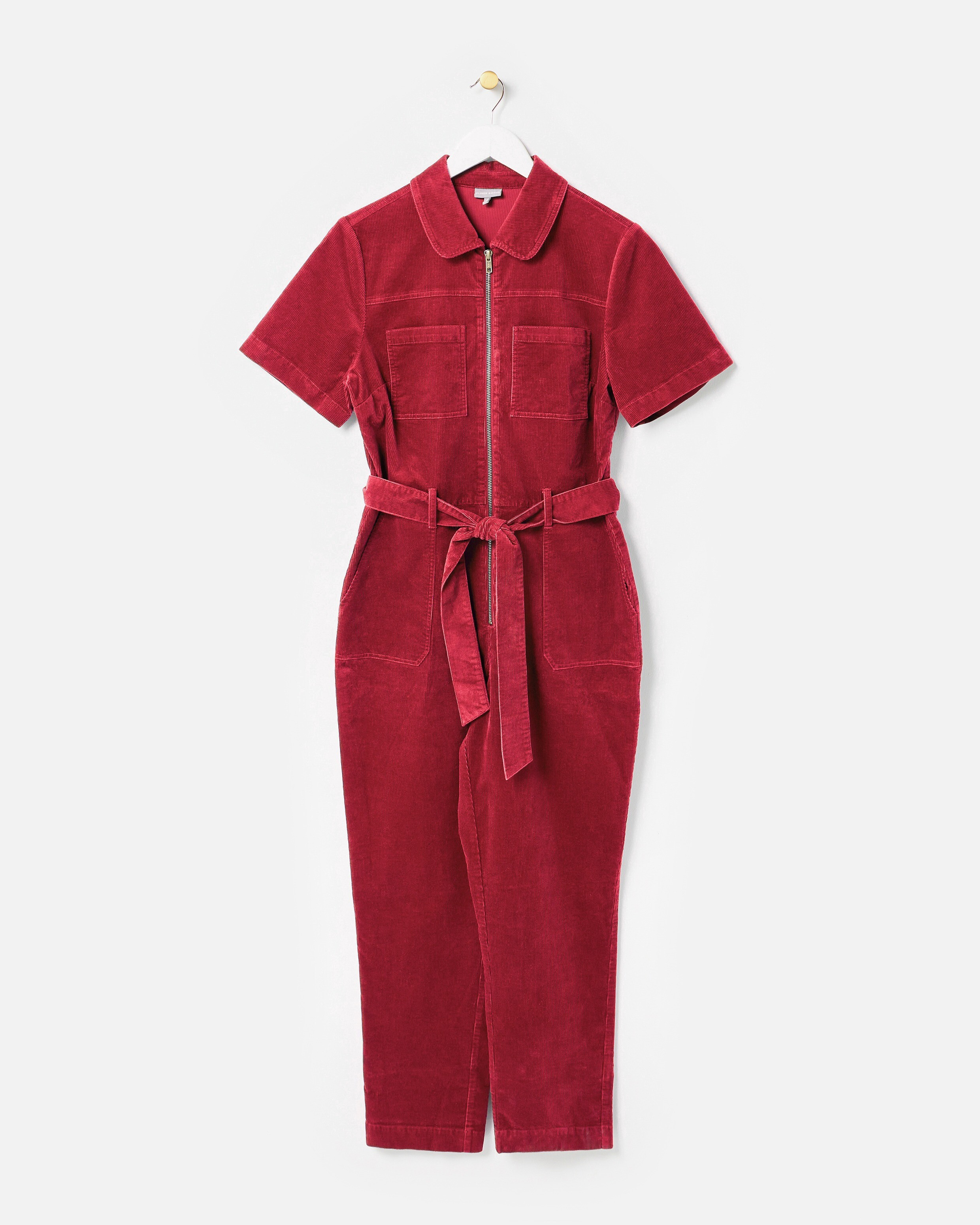 Berry Red Corduroy Zip Up Short Sleeve Jumpsuit | Oliver Bonas | Oliver Bonas (Global)