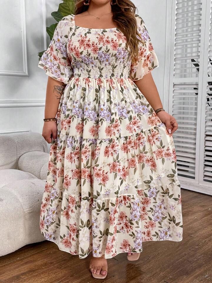 SHEIN CURVE+ Plus Size Romantic Chiffon Floral Print Dress | SHEIN