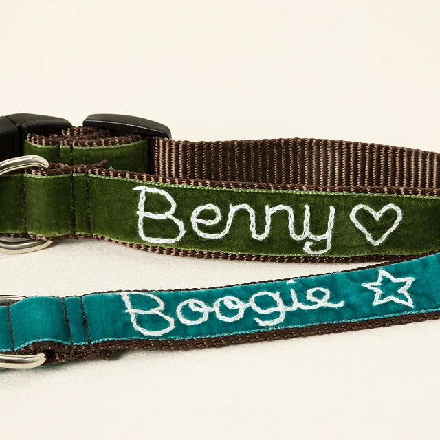 Personalized Hand Embroidered Dog Collar, Green | UncommonGoods