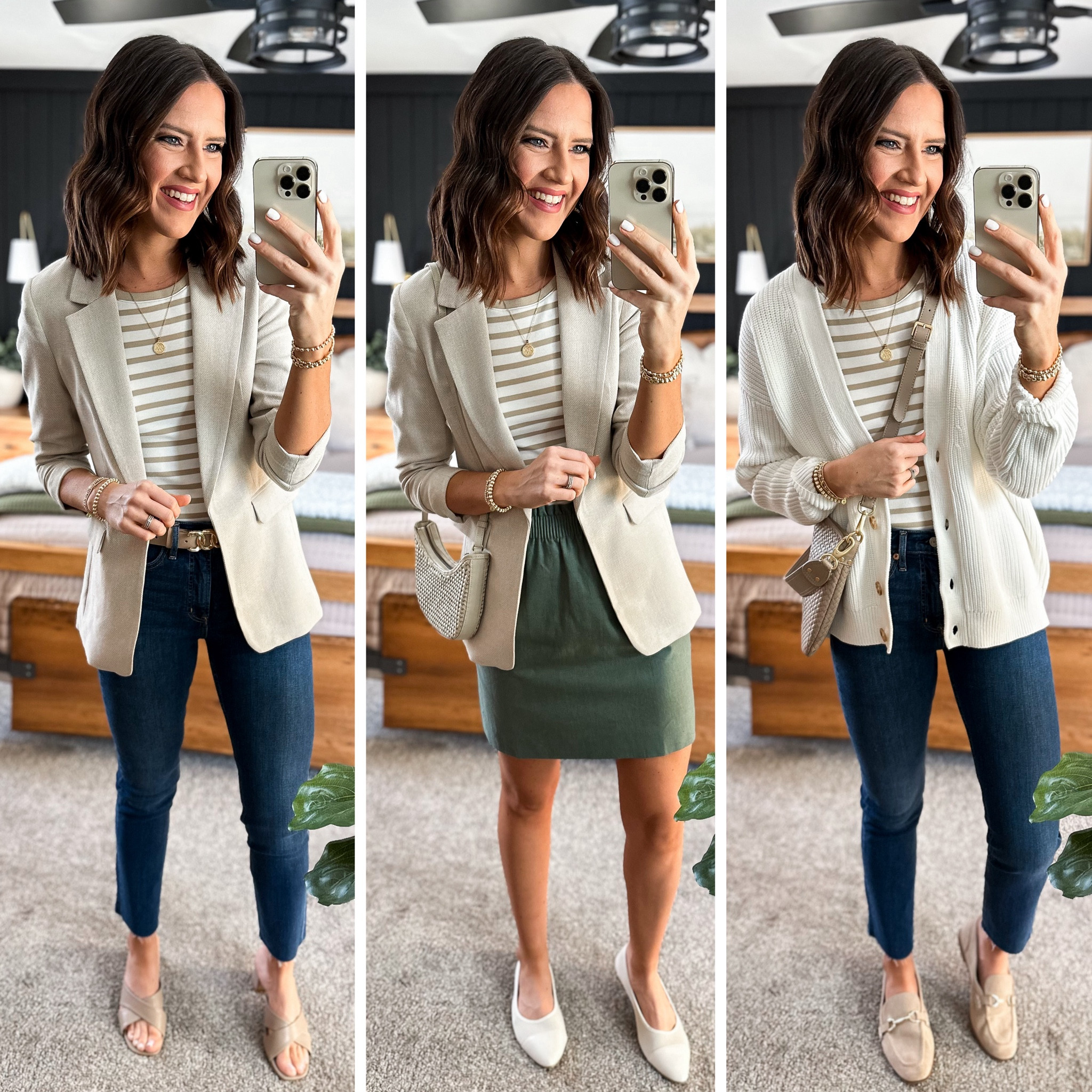 Spring Capsule Wardrobe (Stripe Tank Styling) 

Stripe tank (small) 
Blazer (small) 
Green skirt (size 2) 
Dark wash jeans - 27 long 
Cardigan (medium)

#LTKfindsunder50 #LTKfindsunder100 #LTKstyletip