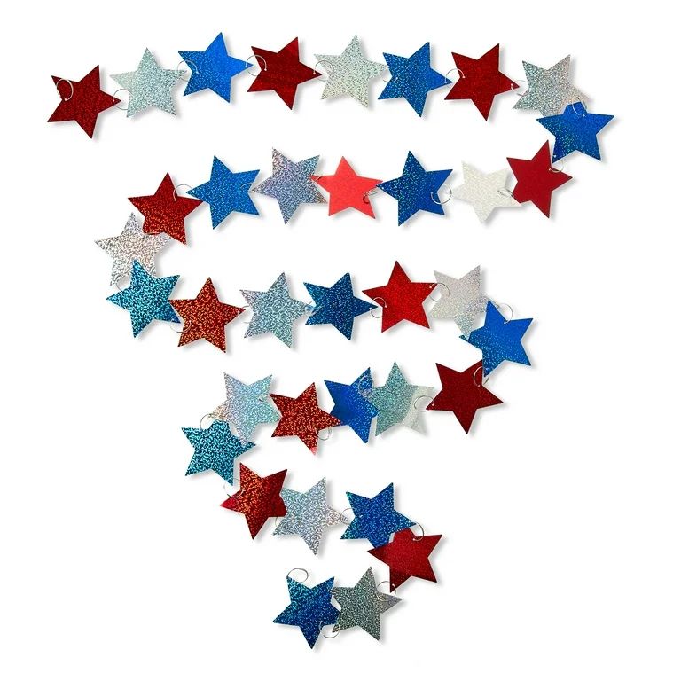 Patriotic Holographic Red, Silver, Blue Star Chain Garland, 8 ft, by Way To Celebrate | Walmart (US)