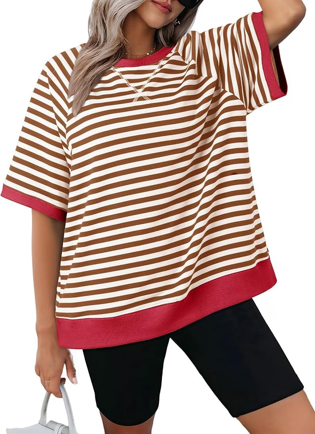 Dokotoo Oversized T Shirts for Women Striped Color Block Crewneck Short Sleeve Casual Summer Tops... | Amazon (US)