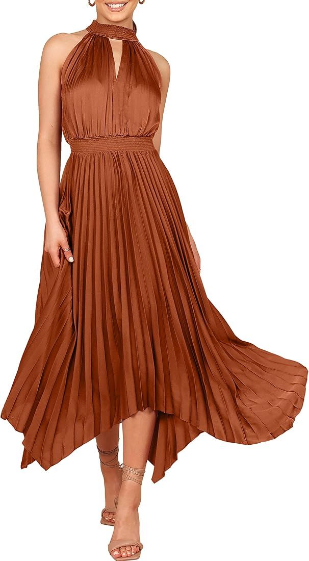 ANRABESS Women's Sleeveless Cutout Halter Neck Satin Formal Dress Smocked Pleated Asymmetric Party C | Amazon (US)