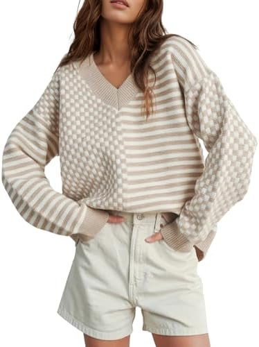 UNCLECAT Women's Striped Checkered Sweater 2025 V Neck Fall Sweaters Casual Knit Trendy Pullover ... | Amazon (US)